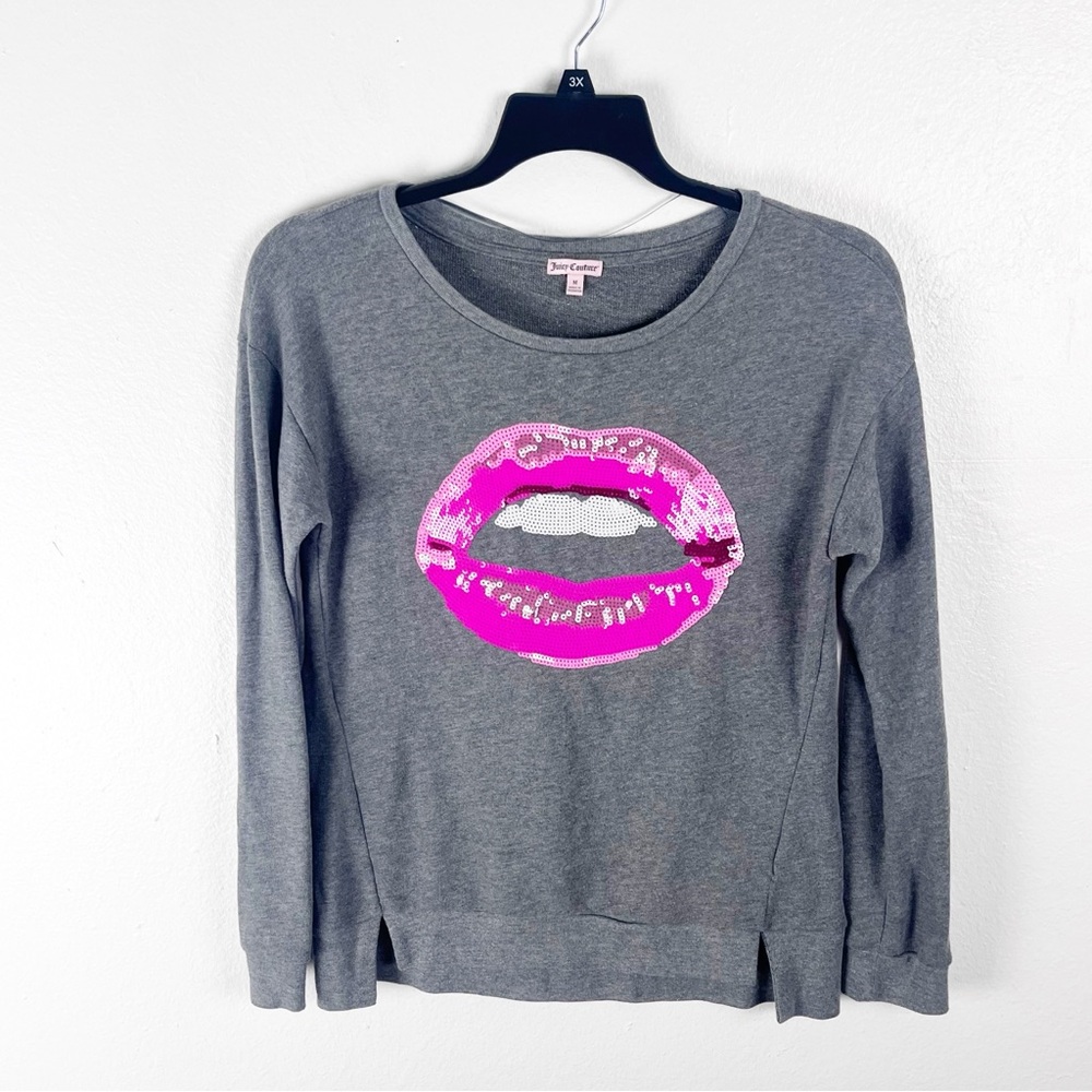 JUICY COUTURE Gray Long Sleeves Pink Sequin Kiss Lips Graphic Sweatshirt Medium
